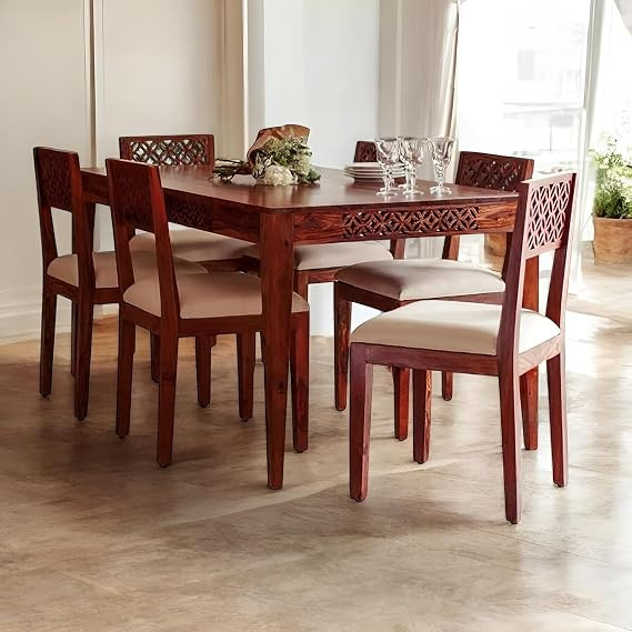 TA Wood 6 Seater Dining Table Set for Dining Room || Six Seater Dinning Table with 6 Chairs for Restaurant || Dining Room Sets Office Hotel Restaurant || Natural Brown Finish