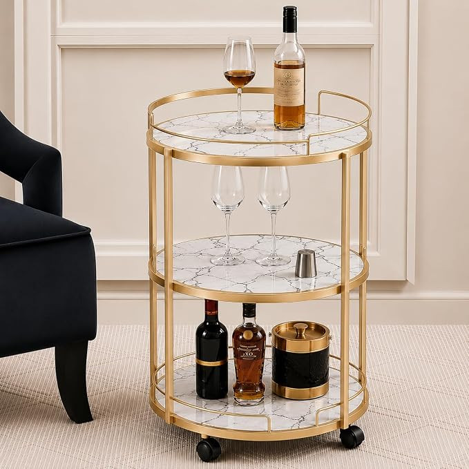 TA  End Table Bar Table 3-Tier Metal Serving Table with Wheels Gold Elegant Home and Restaurant Mobile Cart Cabinet On Wheels Serving Carts Business Restaurant Wine Cart (Golden White)