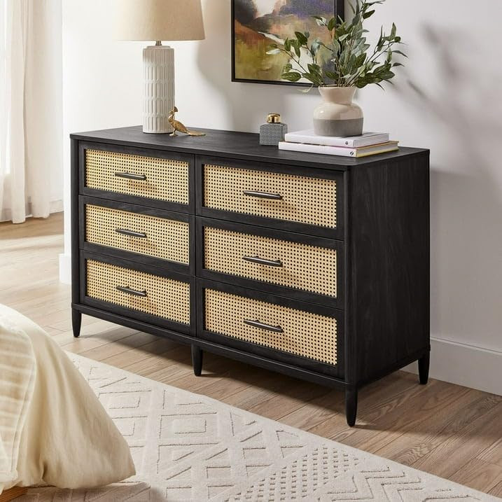 TA TGF Furniture Store Modern 6-Drawer Dresser with Cane Front Panels – Black Wood Frame – Natural Rattan Drawers – Bedroom Storage Chest