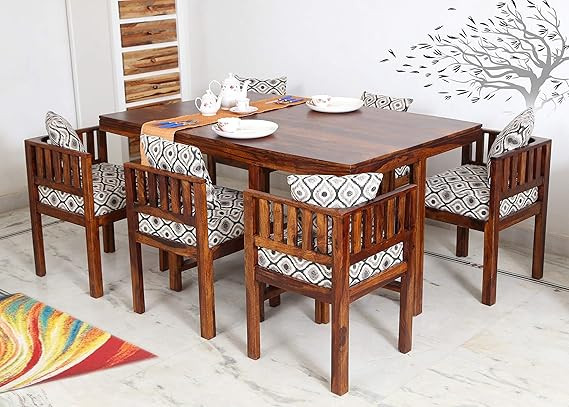 TA Wooden 6 Seater Dining Table Set for Dining Room | Solid Wood Six Seater Dining Table with Invisible Cushioned Chairs for Home | Hotel | Rosewood (Brown, 6 Seater)