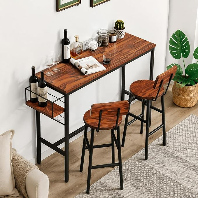 TA  Wooden Bar Table Set with 2 Stools | Solid Wood Bar Counter Table with Metal Frame | High Table & Chairs Set for Kitchen, Dining, Café, Home Bar & Restaurant
