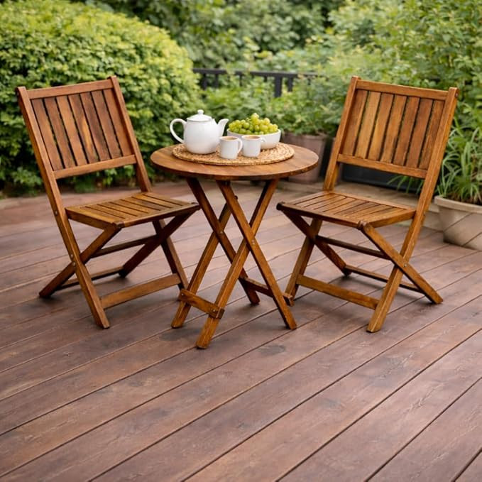 TA 3-Piece Folding Wooden Bistro Set – Portable Outdoor Patio Table and Chair – Solid Wood Garden Furniture for Balcony, Terrace & Small Spaces