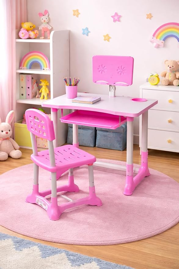 TA LADDOO Adjustable Kids Study Table & Chair Set with Book Stand | Height Adjustable Desk, Storage Drawer & Ergonomic Chair | Ideal for Study, Drawing & Online Classes (Pink