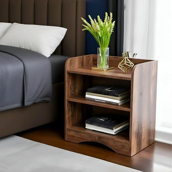 TA Side Tables for Bedroom, Bed Side Tables for Bed Room, Wooden End Table with Open Shelves, Bedside Table with Storage, Natural Wood Finish (Rustic)