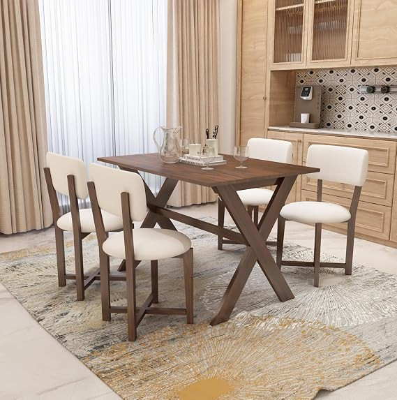 TA Wood Rectangle 45 Inch Dining Table 4 Seater | Wooden 4 Seater Dinning Table Set | Dinner Table with Four Chairs | Criss Cross Table & Cushioned Chair | Walnut Finish