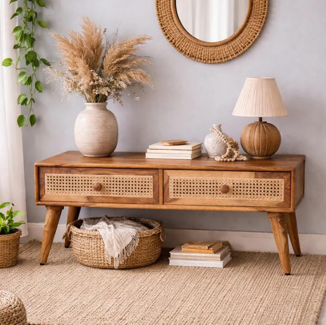 TA Solid Sheesham Wood Coffee Table with 2 Drawer Storage | Rattan Cane Design Wooden Center Table for Living Room | Teapoy Table for Hall Bedroom Lounge & Home Furniture (Natural Finish)