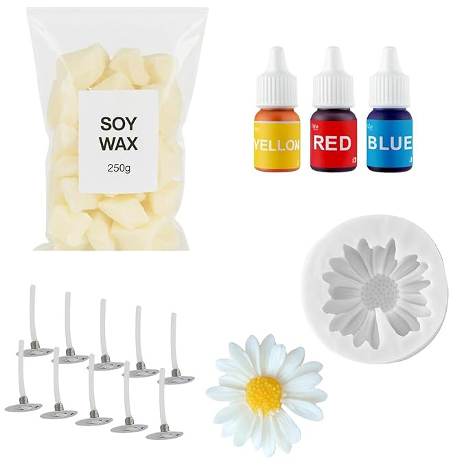 TA Candle Making Kit | Daisy Flower Candle Molds (6.5×6.5×2 cm) with 250g Soy Wax, 10 Wicks & 3 Pigment Colors | DIY Candle Making Supplies Set