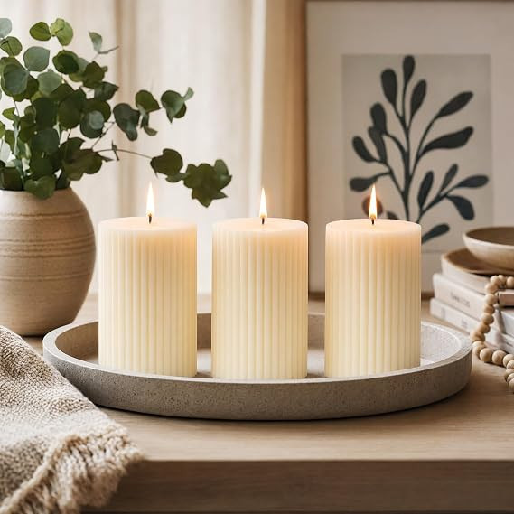 TA  Soy Wax Pillar Candle Ribbed Vanilla Scented Pillar Candles for Dceoration, Aroma Home Decor Diwali Wedding Church Spa Dinner Table, Ideal for Gifting, Off White, Set of 3