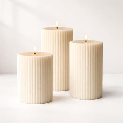 TA White Soy Wax Pillar Candle Set of 3 Pcs Ribbed Vanilla Scented Pillar Candles for Home Decor Diwali Wedding Valentine Church X-Mass Spa Dinner Table
