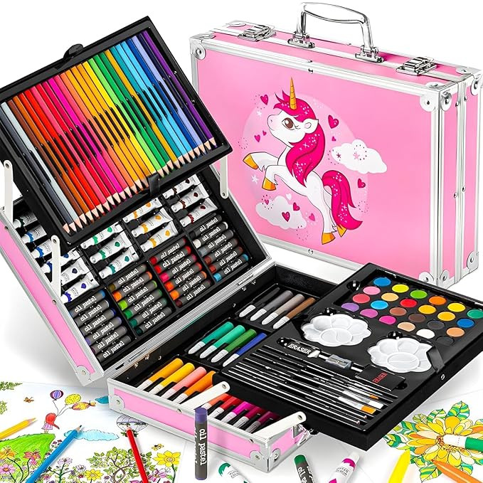 TA 145 Pieces Art Set for Kids with Unicorn Theme Storage Case, Art and Craft Supplies Kit for Drawing and Painting with Oil Pastel, Water Color, Color Pencils, Sketch Pen (Unicorn Design-Pink)