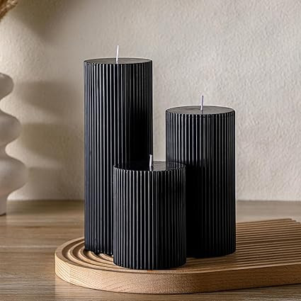 TA CANDLE CABINETS Ribbed Pillar Candles (Set of 3) – 5 * 2 Inch Tall Orchid Scented Soy Wax – Aesthetic Fluted Design for Modern Home & Bathroom Decor (Black)