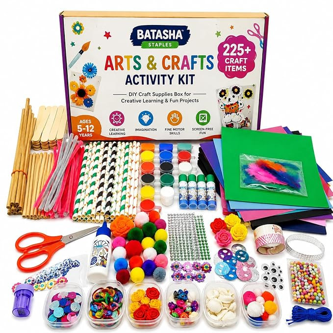 TA Batasha Staples Arts & Crafts Activity Kit for Kids Ages 5-12 Years – 225+ Pieces DIY Craft Supplies Box with Paints, Beads, Feathers, Stickers, Pipe Cleaners & Decorative Accessories, School Project Materials, Creative Learning Toy for Boys & Girls (A