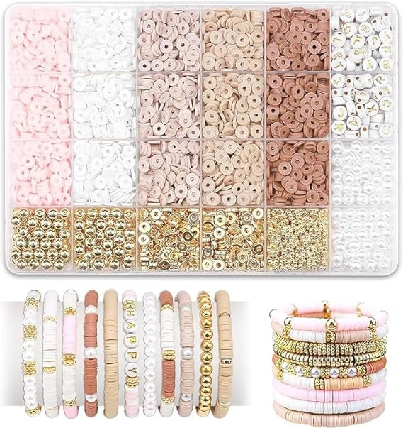 TA  Clay Disc Beads Jewellery Making Kit, 3000+ Pieces, Heishi Beads with Gold Spacers and Pearls, Pink White Nude Brown Colours