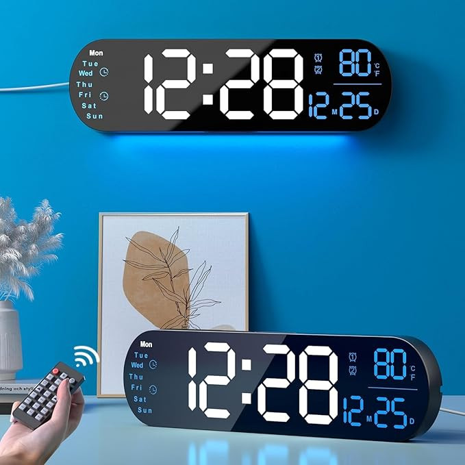 TA Digital Wall Clock Large Display, 13.7 inch Large Digital Wall Clock with RGB Color Changing Remote Control, Date Week Temperature DST, Auto Brightness Dimmer Big Clock with Night Lights.