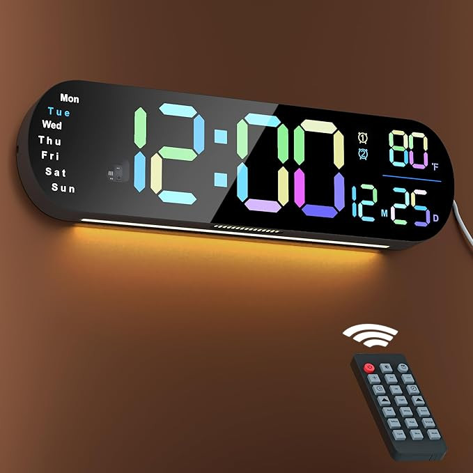 TA 13.7 Inch Wall Clocks, Large Digital Wall Clock with Timer Remote Control Automatic Brightness Dimmer RGB Night Light Dual Alarm, Wall Clocks for Living Room Decor, Decor, Gift, Colorful