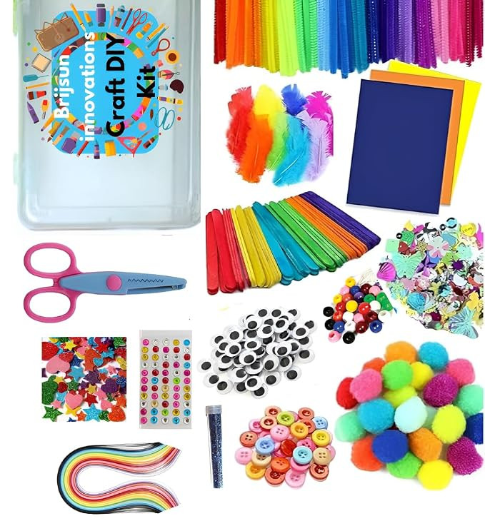 TA 15-in-1 DIY Craft Kit for Kids with Storage Box | Art & Craft Supplies Set – Pom Poms, Googly Eyes, Sticks, Glitter, Buttons, Stickers & More | Creative Hobby Kit for Boys & Girls