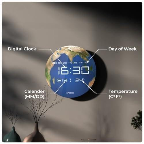 TA 𝟭𝟬 𝗬𝗲𝗮𝗿𝘀 𝗪𝗮𝗿𝗿𝗮𝗻𝘁𝘆 30 cm Round Earth Theme Wall Clock with Clear Dial, Smooth Time Display, Decorative Wall Clock for Home and Office