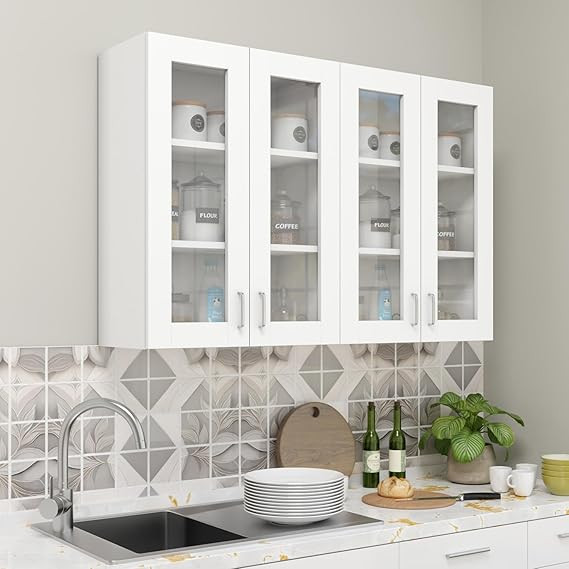 TA Furniture | Modular Kitchen Wall Cabinet – Acrylic Glass Door Cabinet | Space Saving Rack for Spices | DIY Home Storage Cupboard (Frosty White – 30D x 120W x 80H cm) | 1 Year Warranty