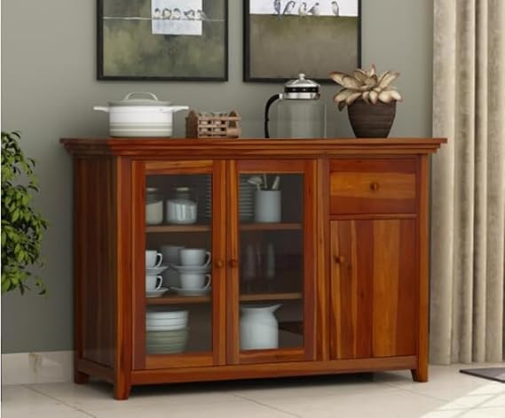 TA Solid Sheesham Wood Crockery Cabinet with 2 Glass Doors and 1 Drawer Storage for Living Room. Wooden Kitchen Cabinet with 2 Shelves and 3 Door Storage. (Honey, Size: 40x16x35 Inch)