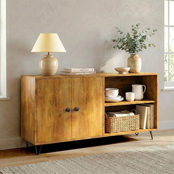 TA  Wood Sideboard Cabinet | Wooden Living Room Storage Cabinet with Drawers, Side Cabinet for Bedroom, Modern Wood Finish, 2 Door Cupboard with Metal Legs Wooden - DIY