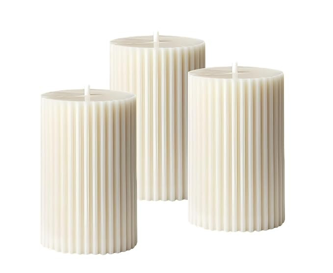 TA  White Soy Wax Pillar Candle Set Of 3 Pcs Ribbed Vanilla Scented Pillar Candles For Home Decor Diwali Wedding Valentine Church X-Mass Spa Dinner Table