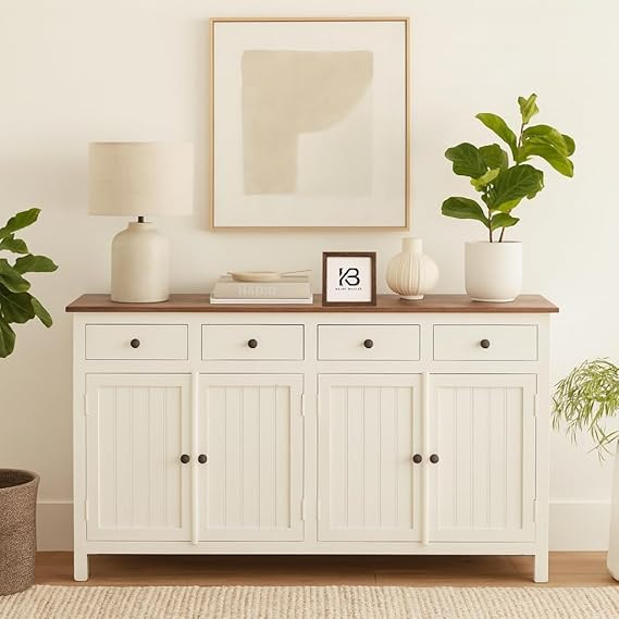 TA Solid Wood Sideboard for Living Room | Kitchen Storage Cabinet | Crockery Storage Unit | Storage Cabinet (Finish- Mango White Distressed Edge 1