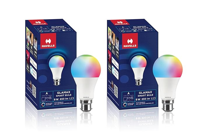TA  Havells Glamax 9W LED WiFi Smart B22 Bulb|Energy Efficient|Music Sync Function|Compatible with Amazon Alexa and Google Assistant|Multi User Feature|Made in India|Pack of 2