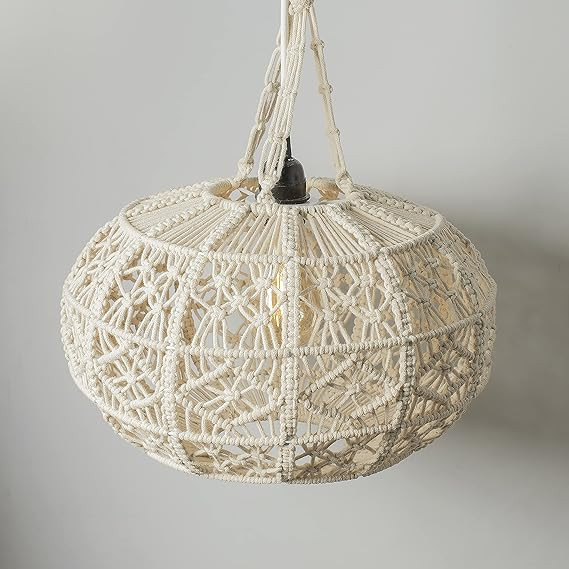 TA Macrame Hanging Chandelier Boho Lampshade Hand Woven Modern Lamp for Living Room Bedroom Café Ivory Large (Round Beige) (Bulb not Included)
