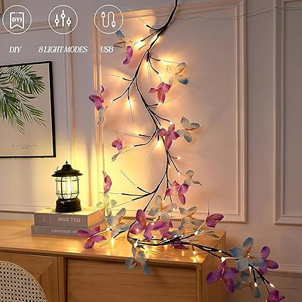 TA Butterfly LED Branch Wall Light – 48 LED Warm White Vine Twig Light with Butterflies | USB Powered | 8 Lighting Modes | DIY Flexible Branch | IP44 Waterproof Indoor Outdoor Home Decor