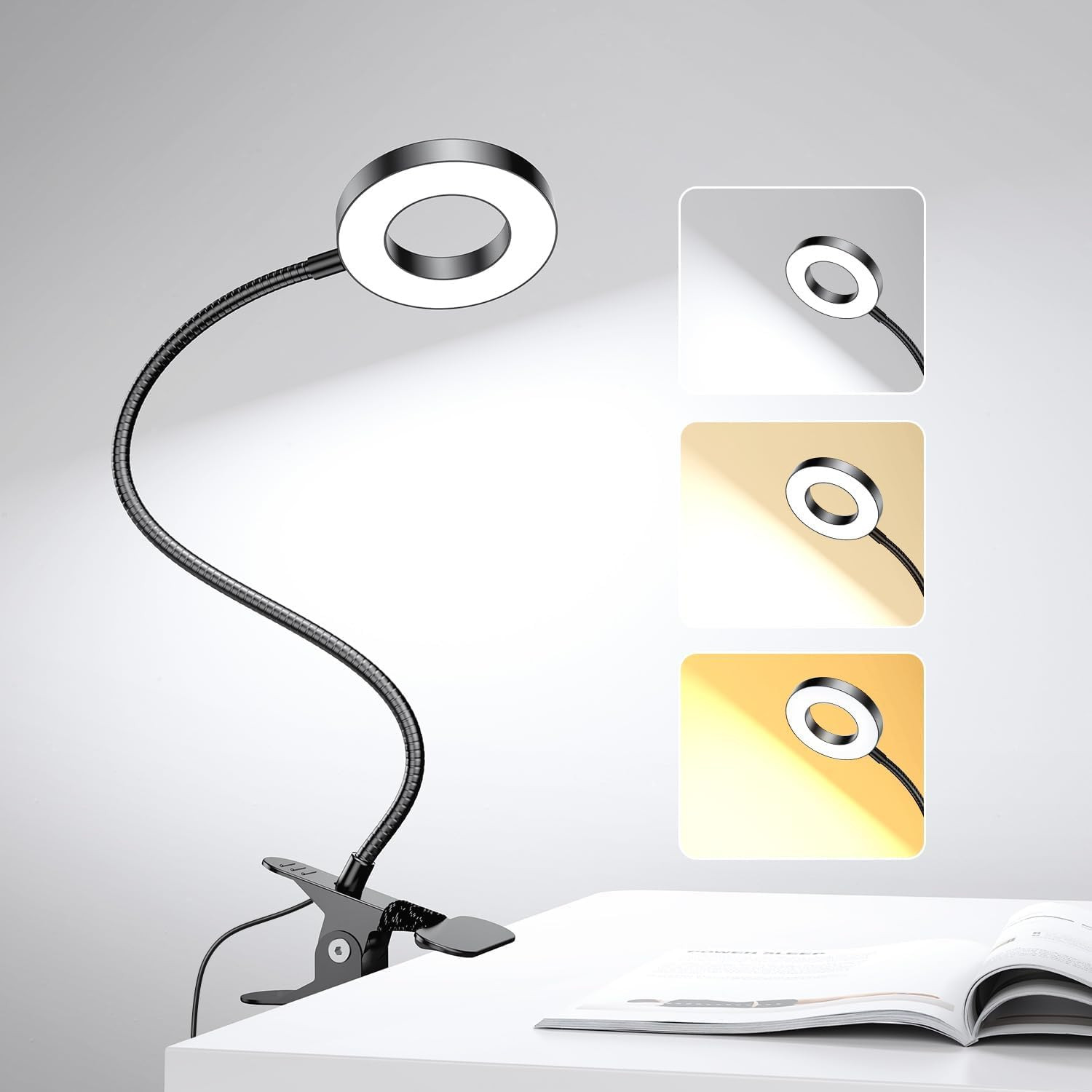 TA LED Desk Lamp with Clamp, 3 Color Modes & 10 Brightness Levels, Flexible Silicone Gooseneck Reading Light, Eye Caring Clip On Book Light for Bed, Study, Office, Headboard, Dorm, 15.8 Inch Black