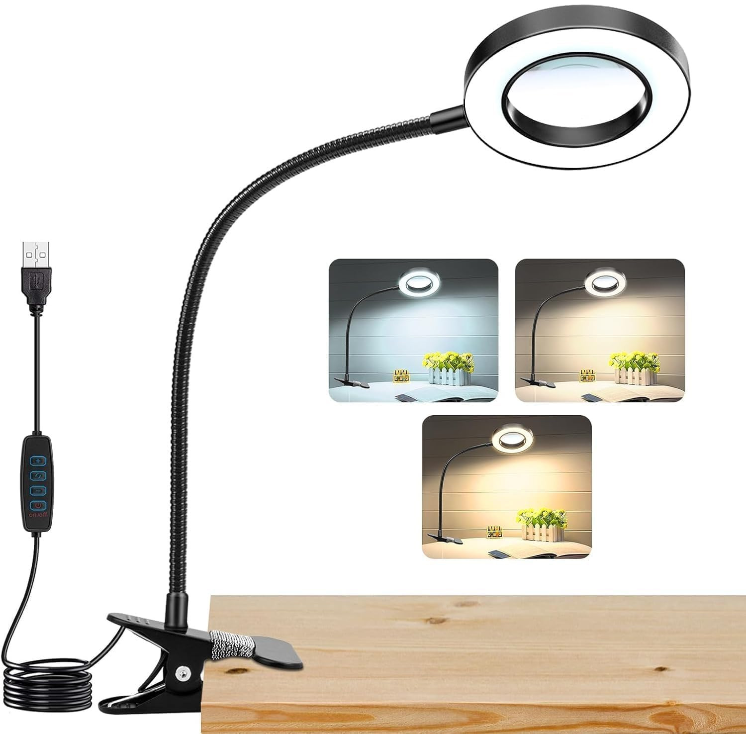 TA  Clip on Desk Lamp with Clamp for Reading Home Office, 360° Ajustable Clip Light for Bed Headboard, Bedside or Desk with 10 Dimmable Brightness 3 Eye-Care Color Modes