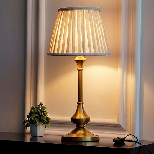 TA Brass Antique Finish Gold Table Lamp Sleek with Off White 10 Inch Lampshade for Bedroom, Bedside, Living Room, Home Decoration Pack of 1 - Led Bulb Included (Pleated Shade)