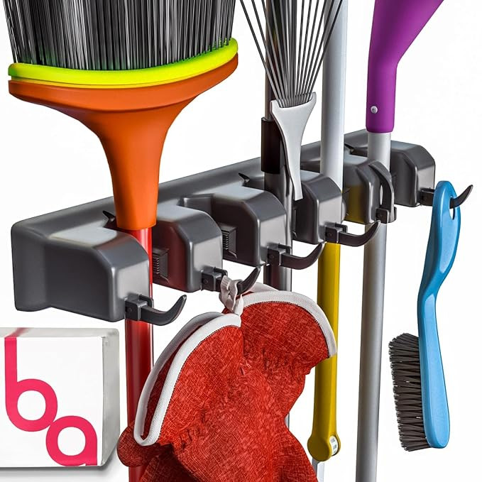 TA Broom Holder & Wall Mount Garden Tool Organizer - Home Laundry Room, Kitchen, Closet, Shed, Garage Organization & Storage Utility Rack - 5 Slots & 6 Hooks -Rake, Shovel, Mop Hanger, Plastic
