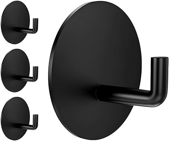 TA 4 pcs Self-Adhesive Stainless Steel Hooks: Heavy-Duty Wall Hangings, Waterproof & Drill-Free - Strong Towel, Coat, and Kitchen Hooks for Bathroom and Kitchen (J Round Black)