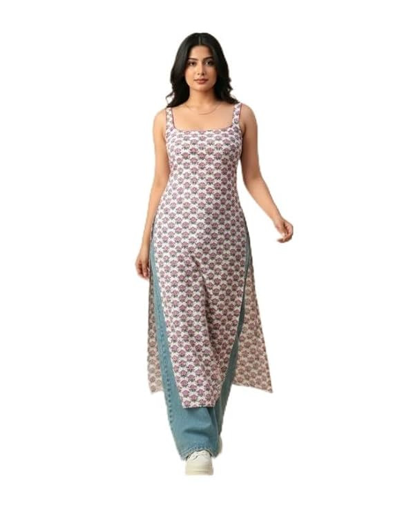 TA Women’s Pink Floral Printed Long Kurti | Sleeveless Square Neck Stylish Side Slit Kurta for Girls & Women