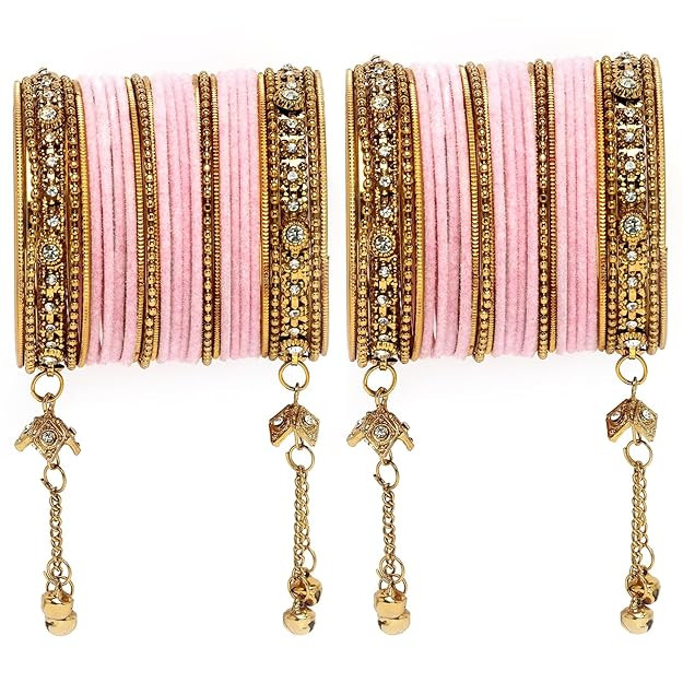 TA  Gold-Plated Matte Finish Velvet Cubic Zirconia Studded Tasselled Bangles Set Of 56 For Girls And Women|Combo Set