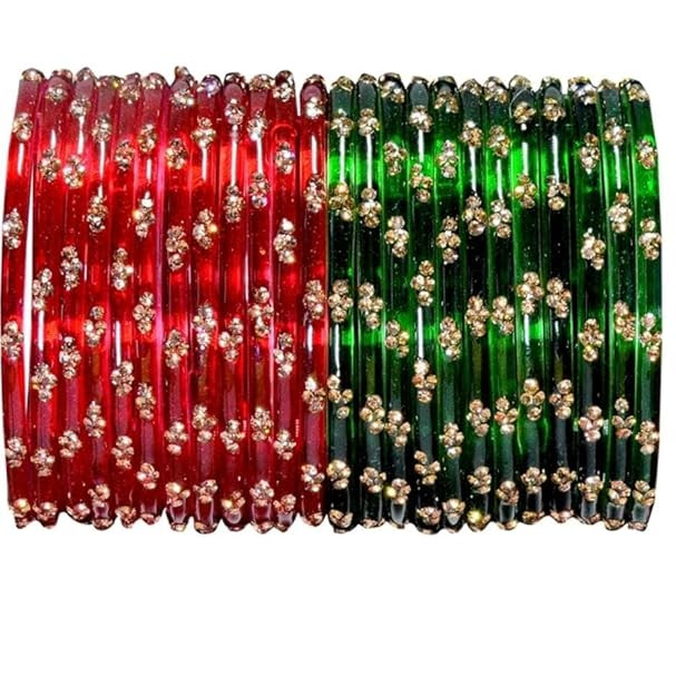TA  Red And Maroon Fancy Beads glass Bangles set For Women And Girls Pack of 24 (all Size Avaiables)