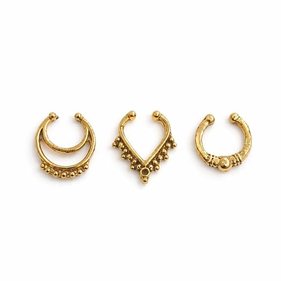 TA Nose Rings Set of 3, Gold Tone, Boho Tribal Style, No Piercing Required