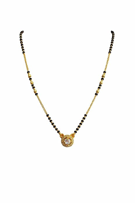 TA  Traditional Black Beads Mangalsutra with Round Halo Pendant, Gold Plated, American Diamond