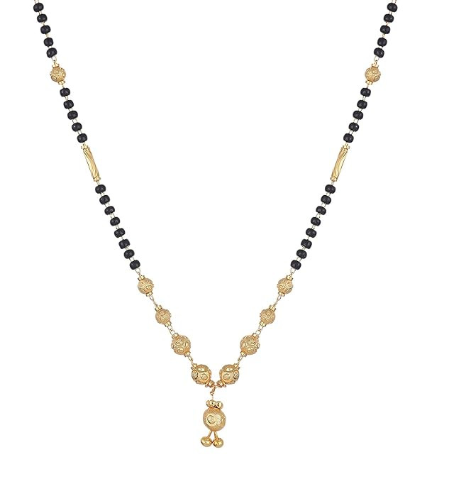 TA  Gold-Plated Black & White Artificial Stones Studded & Beads Beaded Locket Mangalsutra For Women
