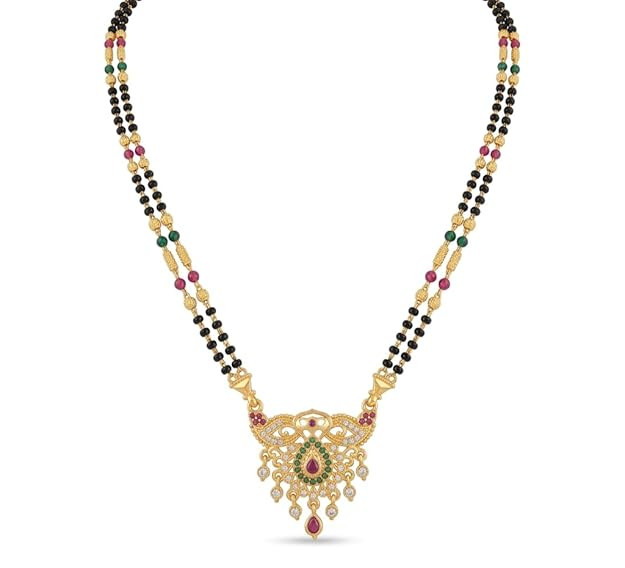 TA  Gold Plated Mangalsutra for Women with Black Beads & American Diamond Pendant | Traditional Long Designer Mangalsutra Necklace for Wedding, Daily Wear, Bridal Jewellery Gift