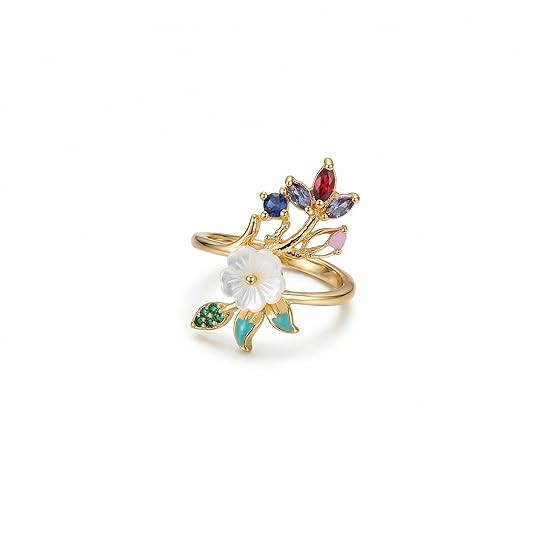 TA Floral Bouquet Ring for Women, Gold-Tone, Multicolour Crystal and Mother of Pearl, Adjustable Free Size
