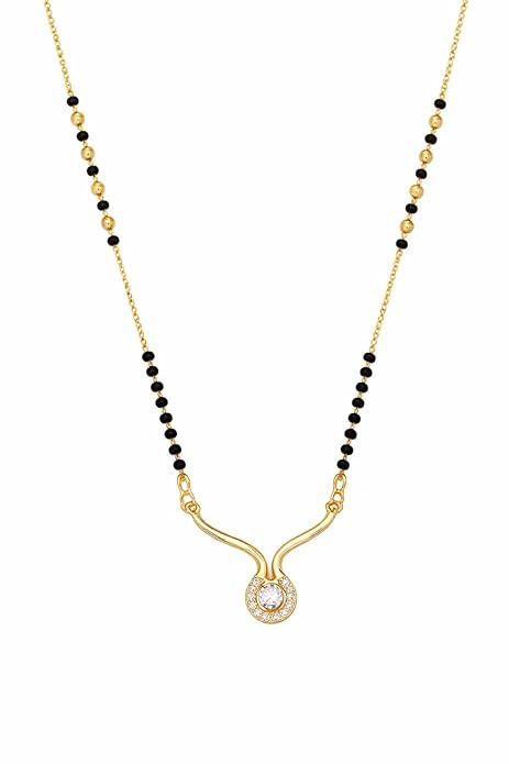 TA  Gold Plated Mangalsutra Necklace for Women with Black Beads & CZ Stone Round Pendant, Stylish Curved Design Short Mangalsutra Chain Daily Wear Jewellery Gift for Wife