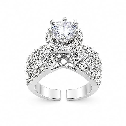 TA Halo Engagement Ring, Silver-Tone, Round CZ Solitaire, Pave Band, Adjustable, Statement Cocktail Ring for Women