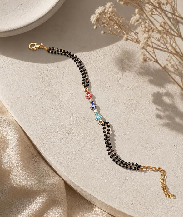 TA  Black Beaded Mangalsutra Bracelet with Evil Eye Charms, Gold-Toned, Multicolour Enamel