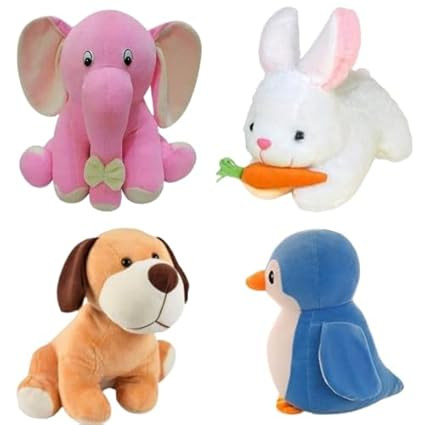 TA Pack of 4 Soft Toys Combo – Appu Elephant (25cm), Penguin (20cm), Rabbit (28cm), Dog (25cm) | Cute Plush Stuffed Animal Toys for Kids, Babies
