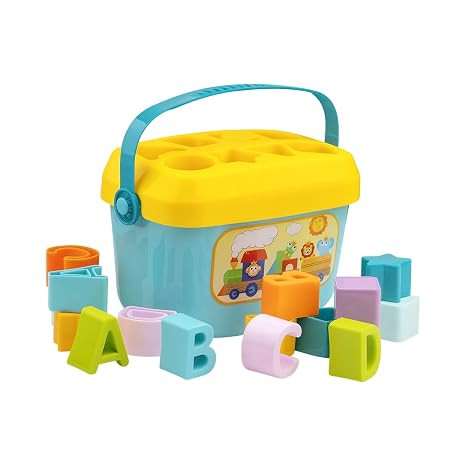 TA Baby First Blocks, Alphabets and Shape Shorter Multicolor Blocks Set Bucket for Baby Fun with Learn Activity, Montessori Toys for Toddlers Boys Girls 1+ Years