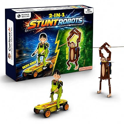 TA Curious Jr. 2-in-1 Stunt Robots DIY Kit for Kids (8+ Years), Build Skate Rider & Rope Climber Monkey, STEM Science Toy with Motorized Action, Educational Kit, Birthday Gift for Boys & Girls
