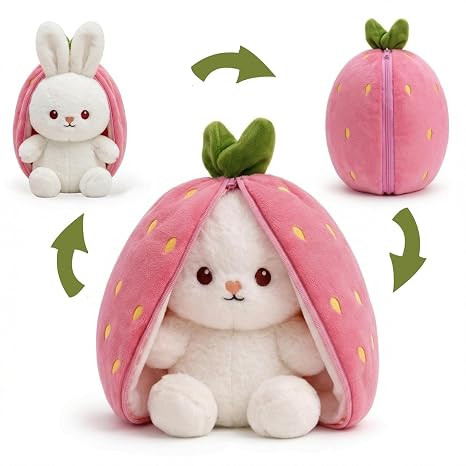 TA Strawberry Bunny Plush Toy, 2-in-1 Reversible Soft Toy with Chain, Ultra Soft, 25 cm, for Babies, Toddlers and Kids