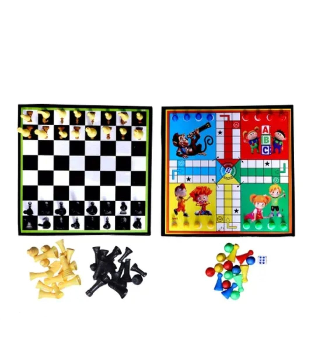 TA Generic Ludo and Chess Board Game Set with Plastic Coins and Pieces for 2-4 Players Aged 5+